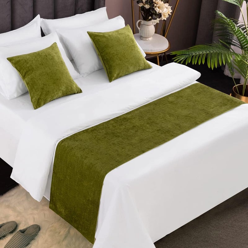 AMBERIS Bed Runner Green, Chenille Soft No Fading Modern Bed Scarf - Image 1